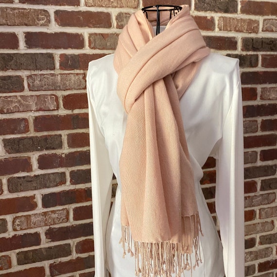Vintage Dusty Rose Pashmina Shawl with Fringe, Pashmina Style Scarf