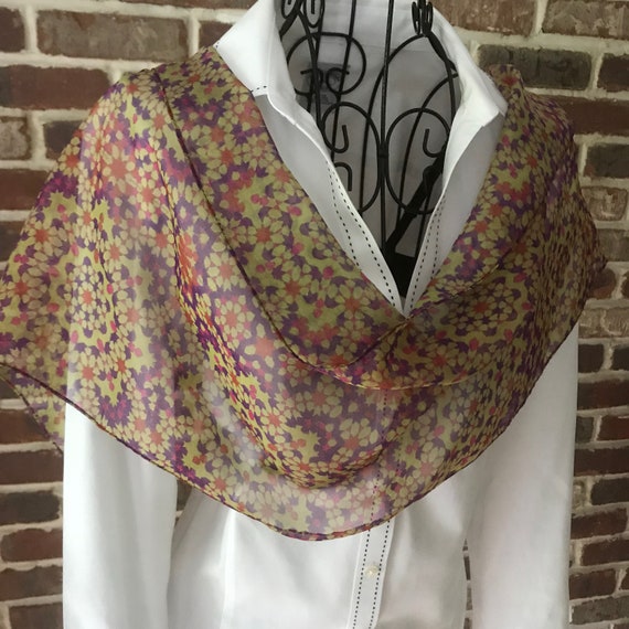 Mosaic Purple Scarf, Floral Print Scarf, Hand Colored Oblong Chiffon Scarf, Wearable Art Scarf