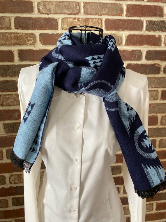 Vintage Western Style Scarf, Navy and Sky Blue Reversible Scarf