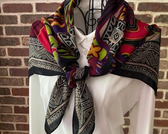 Vintage Surrealist Square Scarf | Abstract Geometric & Floral Wrap | Quirky Maximalist Bandana | Zig Zag Border