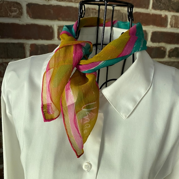 Vintage Vera Neumann Silk Scarf – Mod Square Scarf in Mustard, Teal & Fuchsia with Pink Hand Rolled Edges Signed Designer Scarf