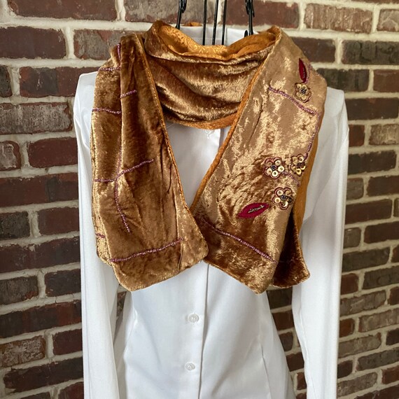 Vintage Christian Livingston “Glam Copper” Velvet Scarf – Beaded & Sequined with Damask Backing