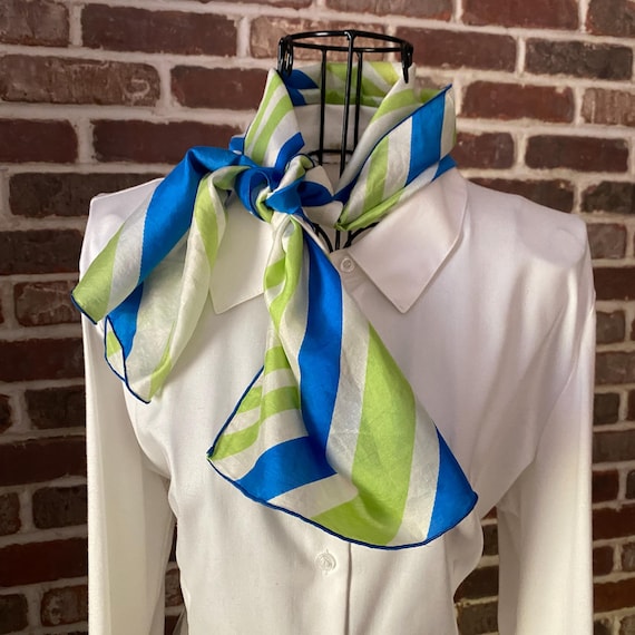 Vintage Ray Strauss Silk Scarf, 1950s American Style Blue and Chartreuse Oblong Neck Scarf