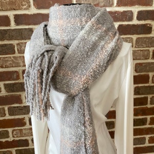 Vintage Tartan Tweed Scarf, Grey and Pink Plaid Shawl with Fringe Edges