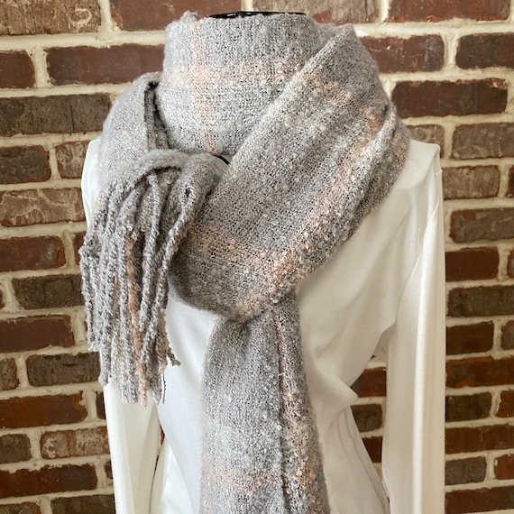 Vintage Tartan Tweed Scarf, Grey and Pink Plaid Shawl with Fringe Edges