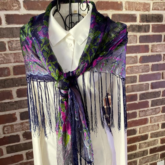 Vintage Pure Silk Gypsy Floral Scarf, Boho Shawl, Tribal Scarf, Square Wrap with LampShade Fringe  Navy Blue and Pink Flamenco Shawl