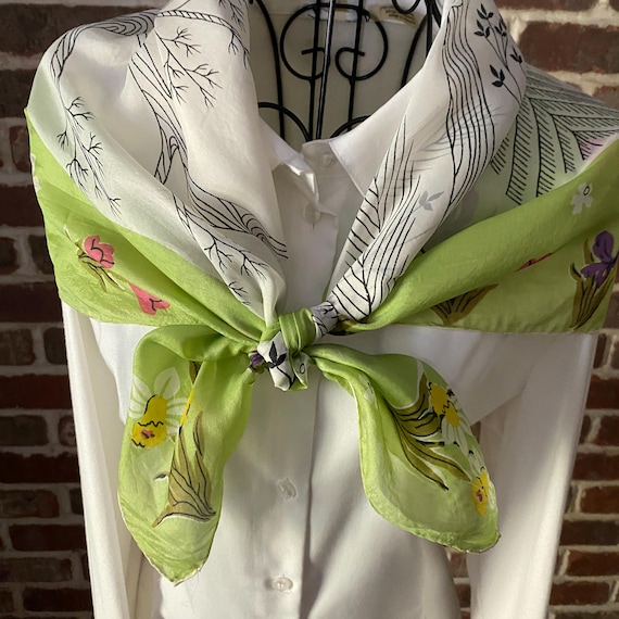 Vintage Romantic Silk Scarf – Etched Floral Garden Print – Lightweight Sheer Scarf for Women – Elegant Boho Accessory