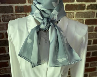 Vintage Elaine Gold Butterfly Striped Sheer Scarf | Preppy Dove Gray Oblong Neck Wrap | Retro