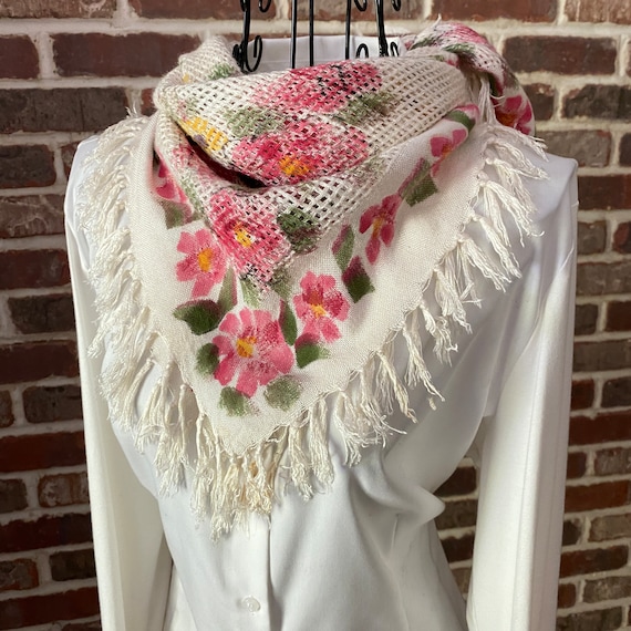 Vintage Boho Gypsy Scarf, Basket Weave, White and Pink Floral Design Gypsy Shawl, Fringe Wrap