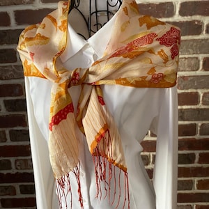 Vintage Silk Scarf: Orange Floral Italian Style with Red Fringe