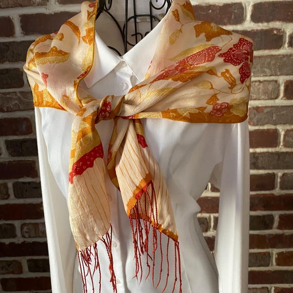 Nostalgic Vintage Orange Butter Yellow Floral Style Scarf, Neck Scarf Oblong Scarf with Red Fringe