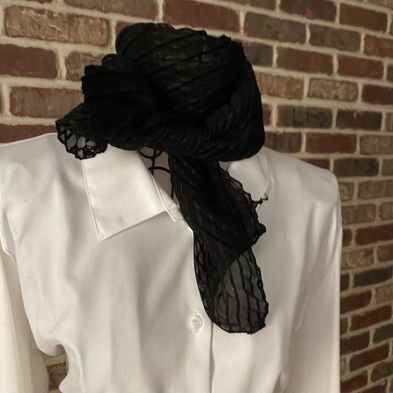 Vintage Black Pleated Textured Neck Scarf with Shimming Thread, Women's Pleated Oblong Neck Scarf