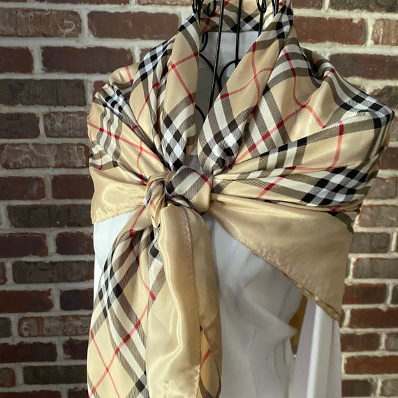 Vintage English Style Tartan Scarf, Classic Cream, Black and Red Plaid Square Scarf By Jean Player