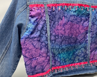 Embellished Denim Jacket, Upcycled Tie Dye Silk Scarf with Jewel Trim, Wearable Art, Hand Stitched One of a Kind Jean Jacket, Medium