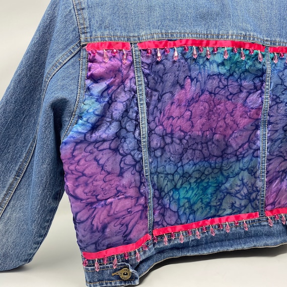 Embellished Denim Jacket, Upcycled Tie Dye Silk Scarf with Jewel Pink Charm Trim, Wearable Art, Hand Stitched One of a Kind Jacket, Medium