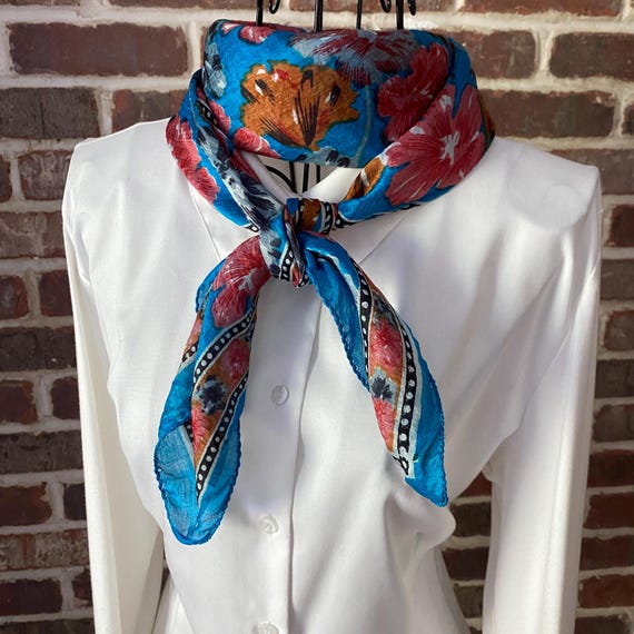 Vintage Pure Silk Scarf Floral Print Silk Scarf Large Square Indian Silk Scarf Poppy Flower and Cerulean Blue Design