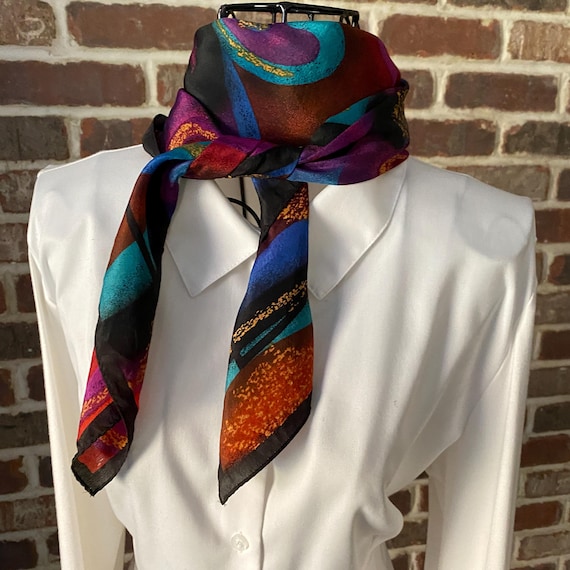 Vintage Abstract Print Silk Scarf A Cacophony of Black, Blue, Orange, Pink and Turquoise Scrolls and Gold Stardust Preppy Square Silk Scarf