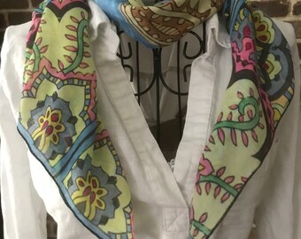 Boho Bendi Design Scarf, Lotus Flower Square Scarf, Wearable Art Scarf