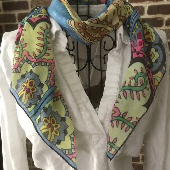 Boho Bendi Design Scarf, Lotus Flower Square Scarf, Wearable Art Scarf