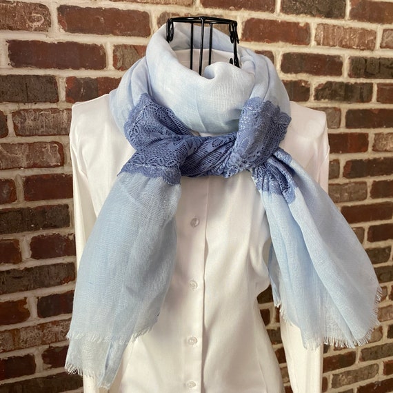 Vintage Powder Blue Embroidered Flower Scarf, Boho Scarf,  Extra Long with Frayed Fringe Shawl