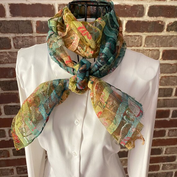 Vintage Silk Tulle Scarf, Embroidered Lasso Design Scarf Textured Sheer Scarf, Eclectic Women's Scarf, Lightweight Summer Scarf Ombre Scarf