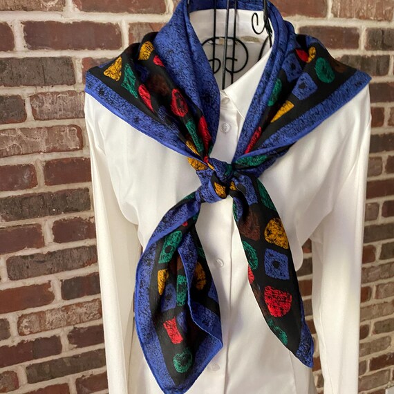 Vintage Albert Nipon Silk Scarf – Cobalt Blue Large Square Geometric Design Shawl
