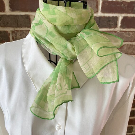 Vintage Chartreuse Gossamer House Pattern Scarf with Green Piping, Oblong Scarf