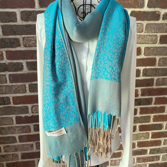 Vintage Turquoise Leopard Print Pashmina Shawl, Luxurious with Taupe Fringe