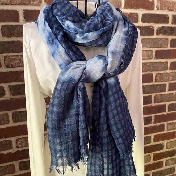 Blue Tie-Dye Basketweave Scarf – Extra Long Lightning Print by Ana