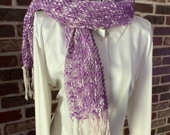Vintage Boho Purple Scarf, Open Weave Rustic Long Hobo Style Scarf