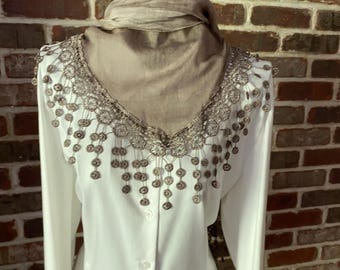 Vintage Beige Triangle Scarf, Vanilla Girl Style, Boho Crochet Fringe Wrap, Neutral Cream Lace
