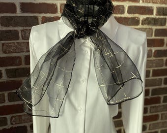 Vintage 1960s Mod Style Scarf, Sheer Black Chiffon Neck Scarf, Gold Metallic Geometric Print