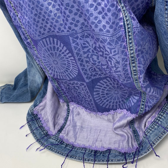 Oversized Jean Jacket, Embellished Upcycled Sacha Violet Silk Scarf with Floral Violet Trim, Wearable Art, Denim Jacket, X-Large