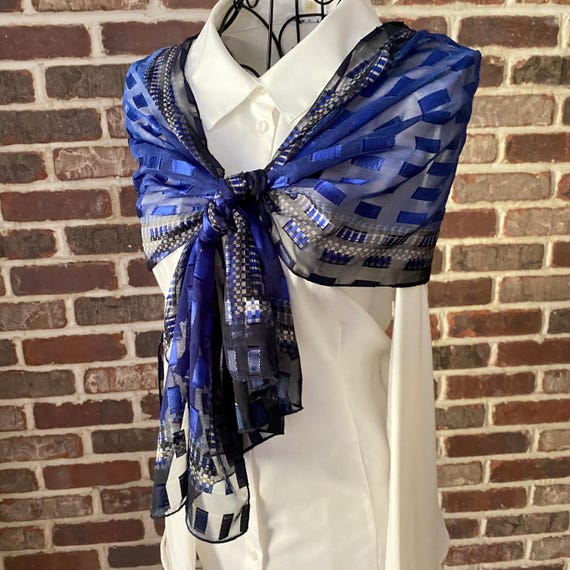 Vintage Cobalt Blue Embroidered Scarf, Rectangle Plaid Pattern Scarf Oblong Sheer Scarf