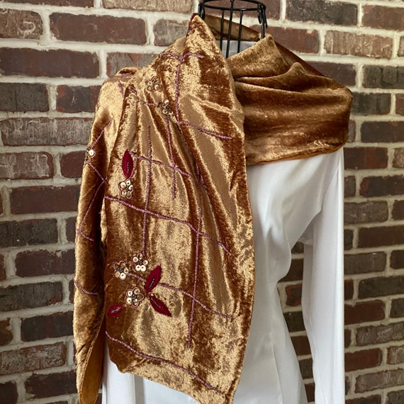 Vintage Christian Livingston Glam Copper Velvet Scarf, Beaded with Sequins, Damask Backing