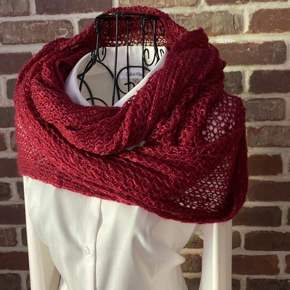 Vintage Knit Infinity Scarf, Open Weave, Elegant Fall Fashion Cranberry Scarf