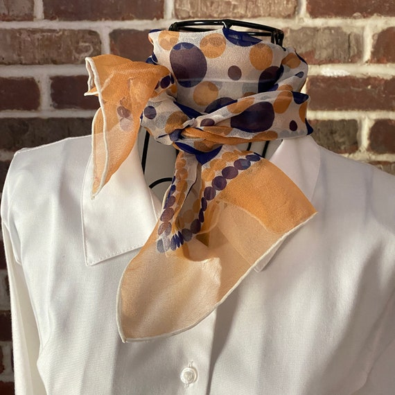 Vintage Polka Dot Silk Scarf, 1970's Mod Style Oblong Scarf, Blue and Beige Dots