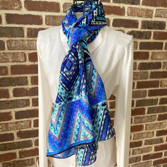 Vintage Echo Vibrant Blue Maximalist Style Scarf Silk Abstract Diamond Scarf Echo New York Scarf Designer Scarf Argyle Pattern