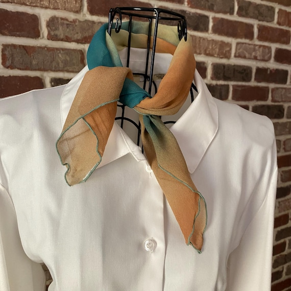 Vintage Tie-Dye Silk Scarf – Bandana Style Neck Scarf with Lettuce Ruffle Edges in Earth Tones