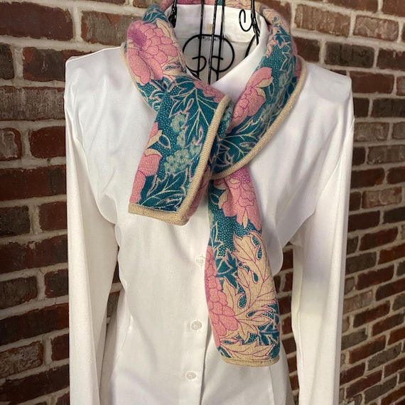 Vintage 100% Pure Cashmere Neiman Marcus Scarf, Luxurious Plush Cashmere Scarf Dusty Rose and Teal Florals Boa Ski Scarf