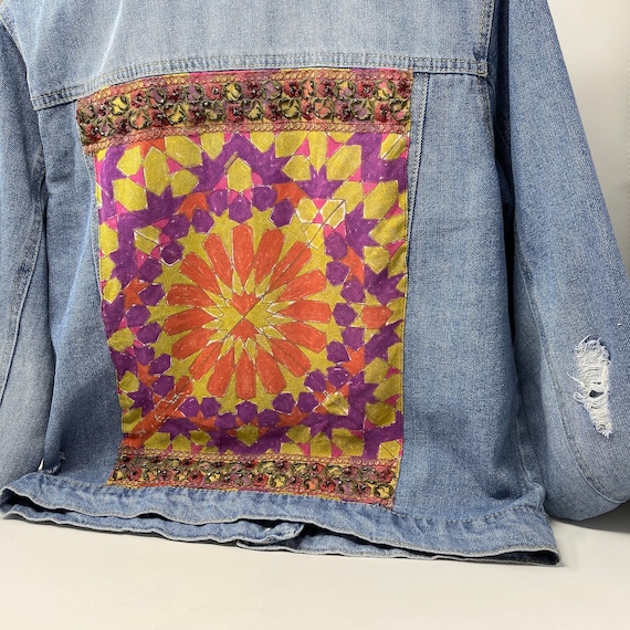 Embellished Distressed Denim Jacket, Upcycled Silk Scarf with Embroidered Trim, Hand Stitched One of a Kind Jean Jacket, Large