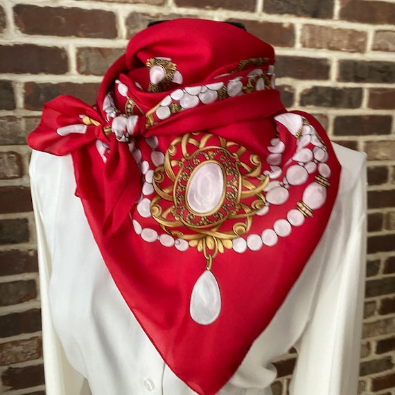 Vintage Italian Style Jewel Design Red Scarf Pearl Motif Square Scarf
