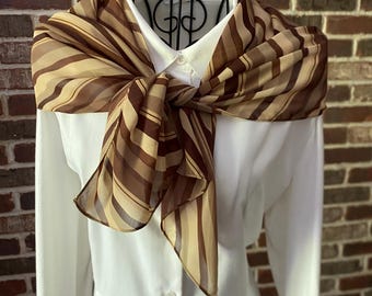 Vintage Monochrome Striped Scarf, Midcentury Modern Brown and Beige Neck Wrap, Mod Style