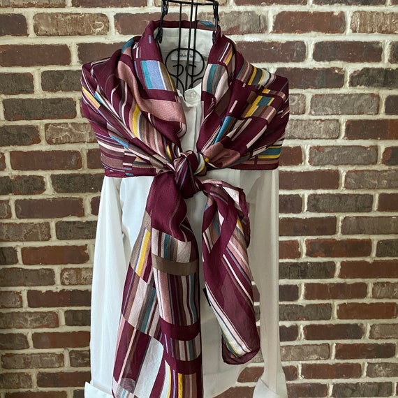 MCM Silk Retro Scarf, Luxury Designer Scarf, Burgundy Geometric Print Scarf, Collector's Item