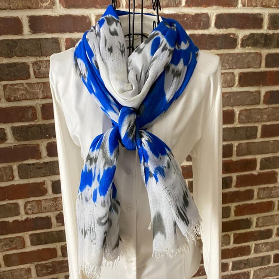Vintage Tie Dye Scarf – Cobalt Blue Black White Abstract Long Boho Wrap