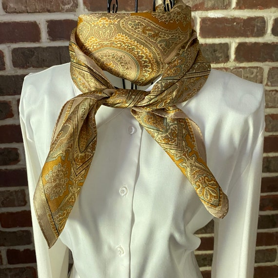 Vintage Gold Silk Scarf Italian Design by Adrienne Vittadini, Center Medallion Feature with Scroll and Paisley Border