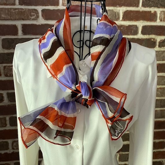 Vera Neumann Vintage Silk Scarf – Mod Geometric Print Signed Scarf, Hand Rolled Edges In Blue, Brown and Brick Red