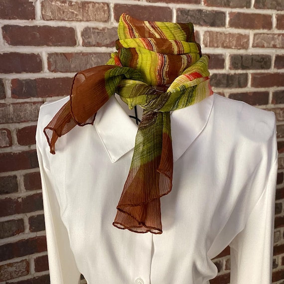 Vintage Silk Crepe Neck Scarf, Mod 70s Design Scarf Striped Brown, Orange Neon Green Oblong Rolled Edges Scarf