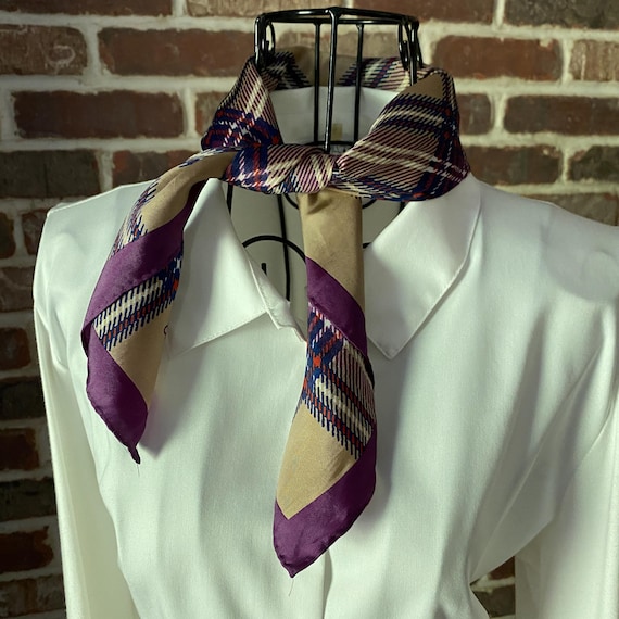 Vintage Echo Silk Scarf, Y2K Preppy Plaid Print, Purple and Tan Square Scarf, Retro 2000s Style Accessory