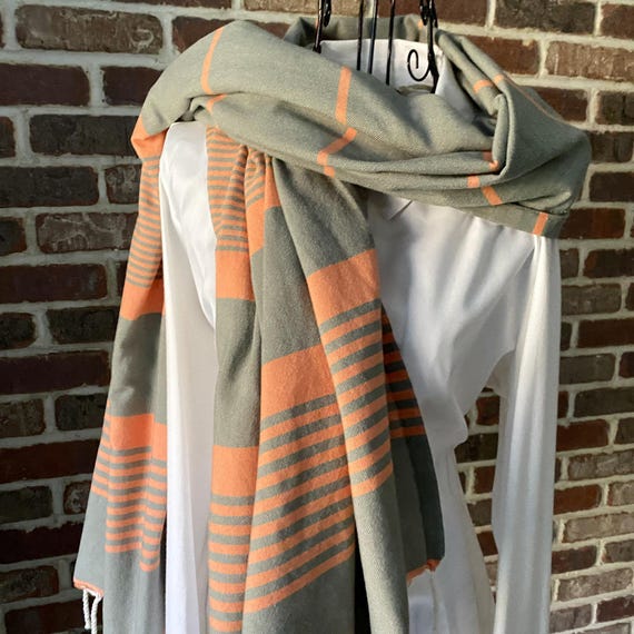 Vintage Turkish Cotton Shawl, Chic Market Scarf with Twisted White Fringe, Stripped Grey and Orange Unisex Scarf Blanket Scarf